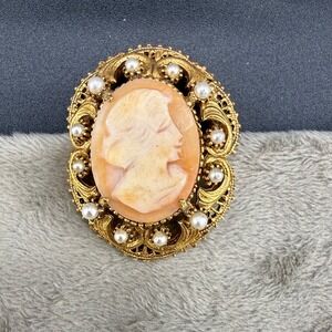Vintage Florenza Cameo Brooch Pendant‎ Gold Tone